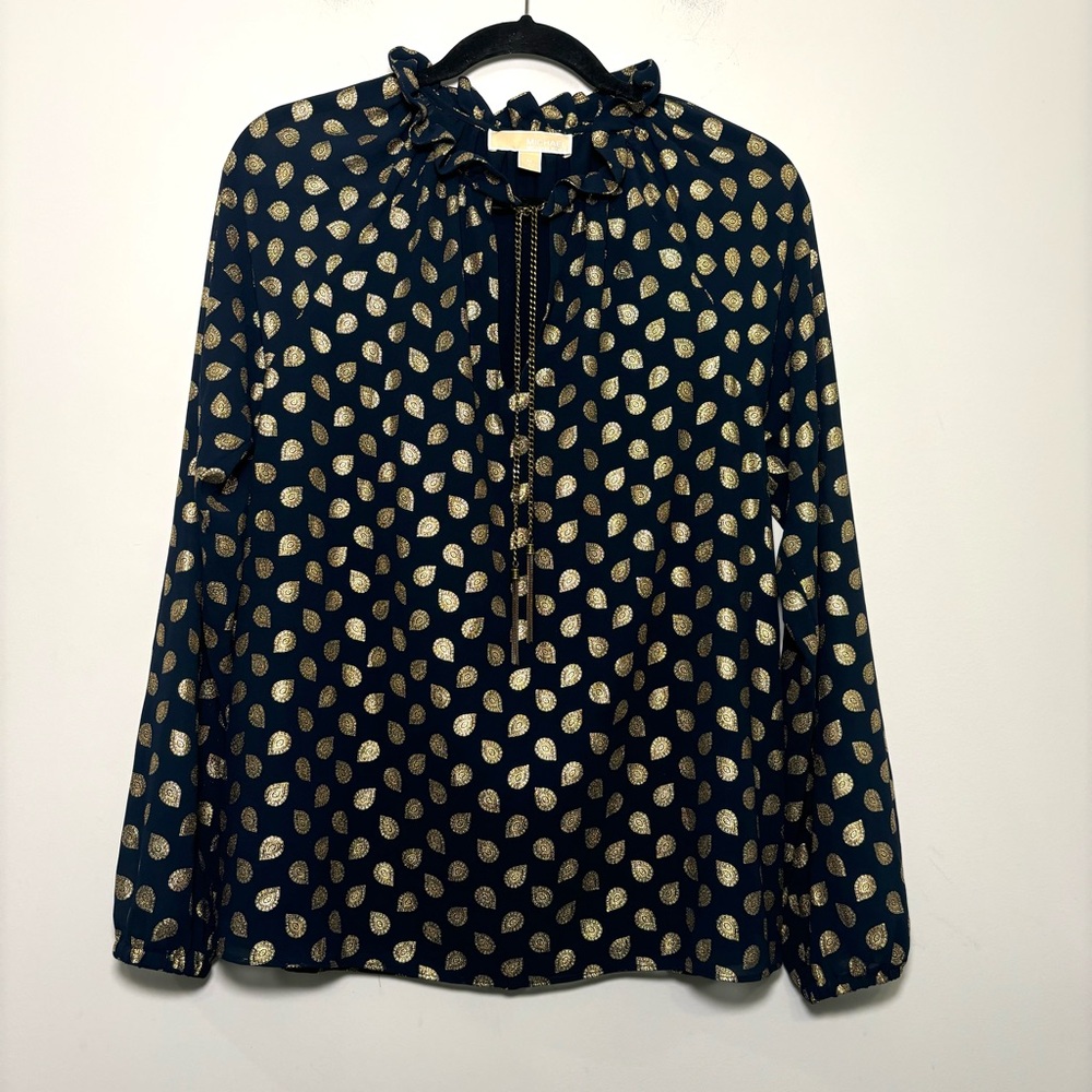 Michael Kors Bergalia Raglan Blouse Foiled Print Chain Tassels‎ Size M NEW - Picture 3 of 14